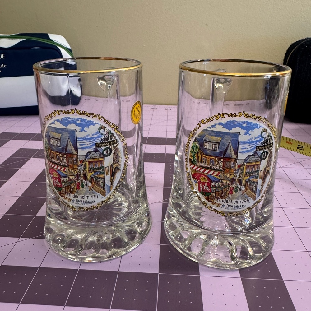 Set of Two Rine Handmade Decorative Beer Mugs with Gold Rim
